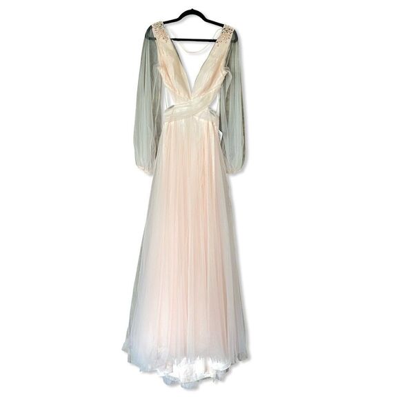 Mac Duggal blush Tulle Sheer Long Sleeve Cut Out Lace Up A Line Gown dress NWT 4 - Picture 5 of 16